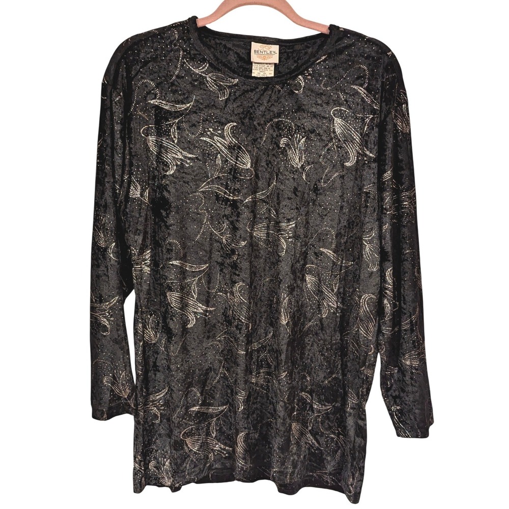 Velvet Top M Formal Black Silver‎ Metallic Floral Vintage Glam Shimmer Y2K 90s